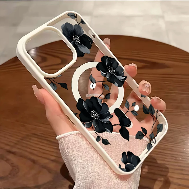 Elegant Black Floral Magnetic Phone Case – Stylish and Protective Smartphone Cover