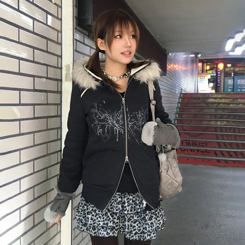 ジャケット・アウター Y2K grunge cargo fur zip flight jacket Karrram Japanese Y2k Fur Hooded Coat Grunge Aesthetics Tattoo