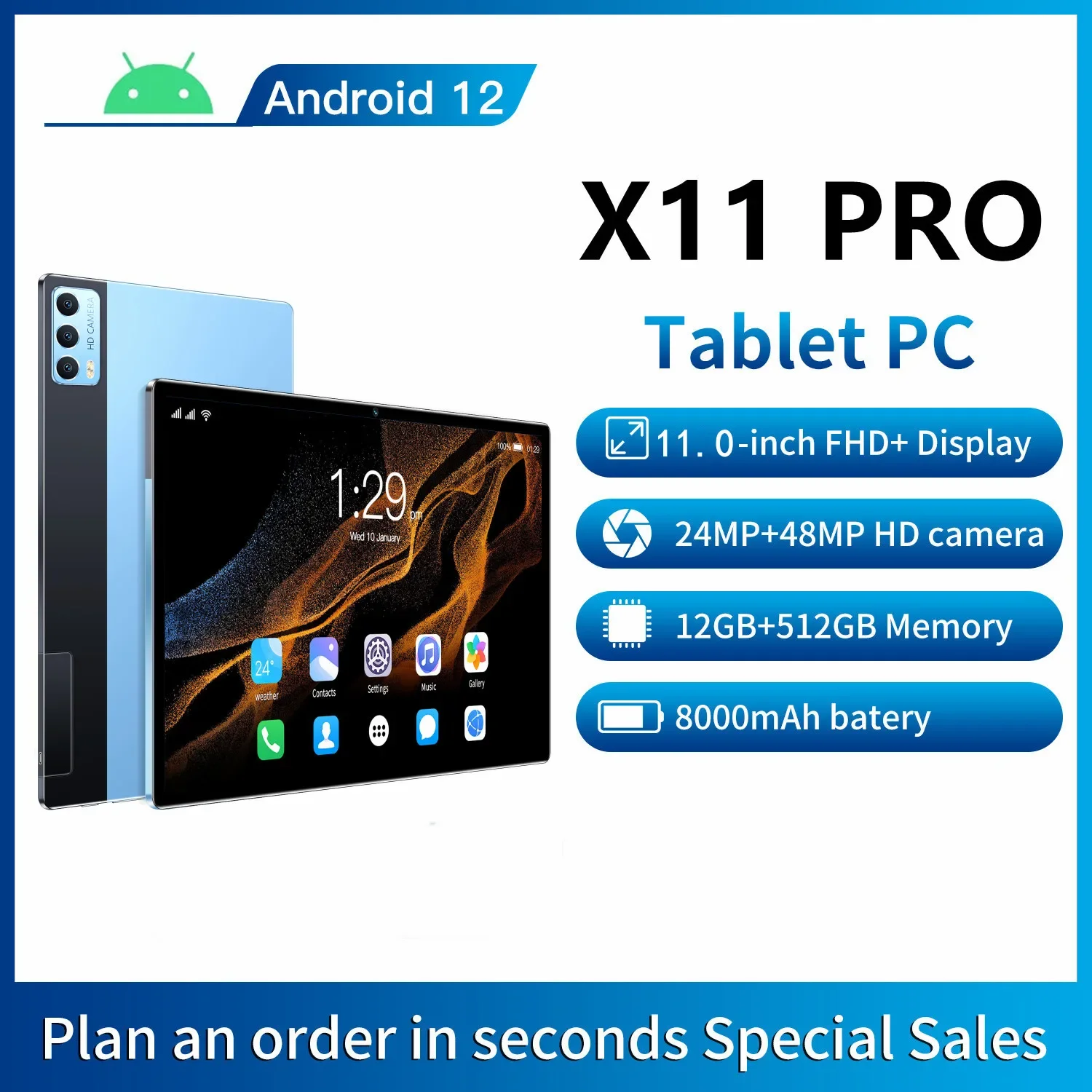 2023 Versione Globale X11 Pro Tablet 11 Pollici Android 12 Tablet Deca Core 12Gb + 512Gb Rom 5G Telefonata Bluetooth Wi-Fi Tablet Pc