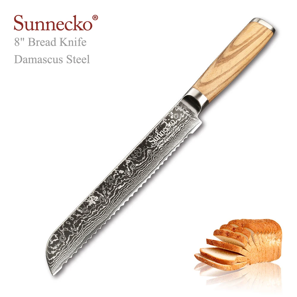 

Sunnecko Damascus Steel Bread Knife 8'' Kitchen Chef Cake Toast Slicer Wood Handle Serrated VG10 Sharp Blade Gift Box Tool