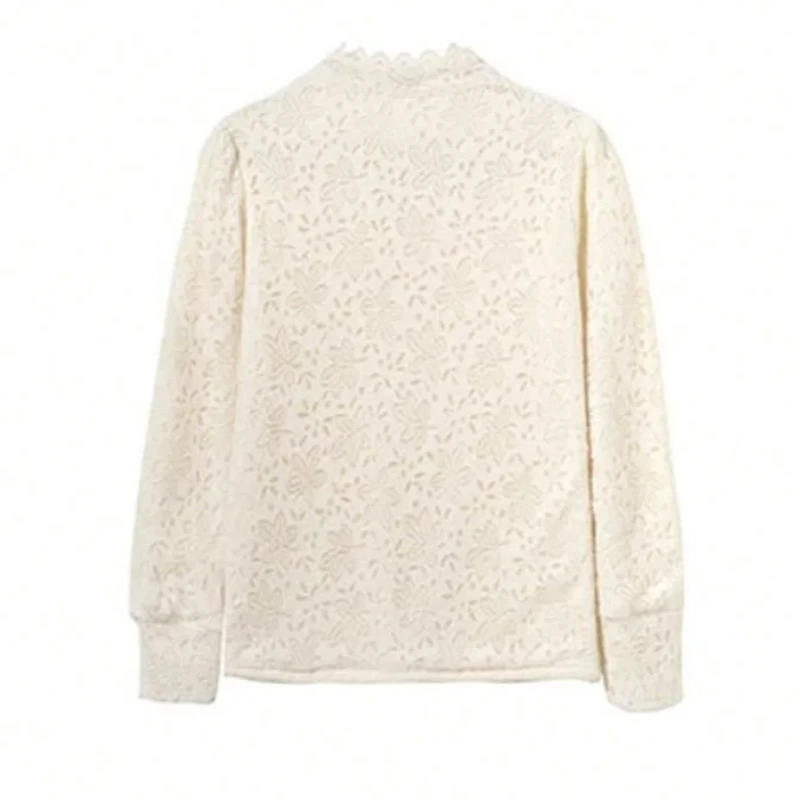 Spring and Autumn New Lace Small Stand Up Collar Women's Cardigan Long Sleeve Shirt Solid Color Embroidered Slim Casual Top