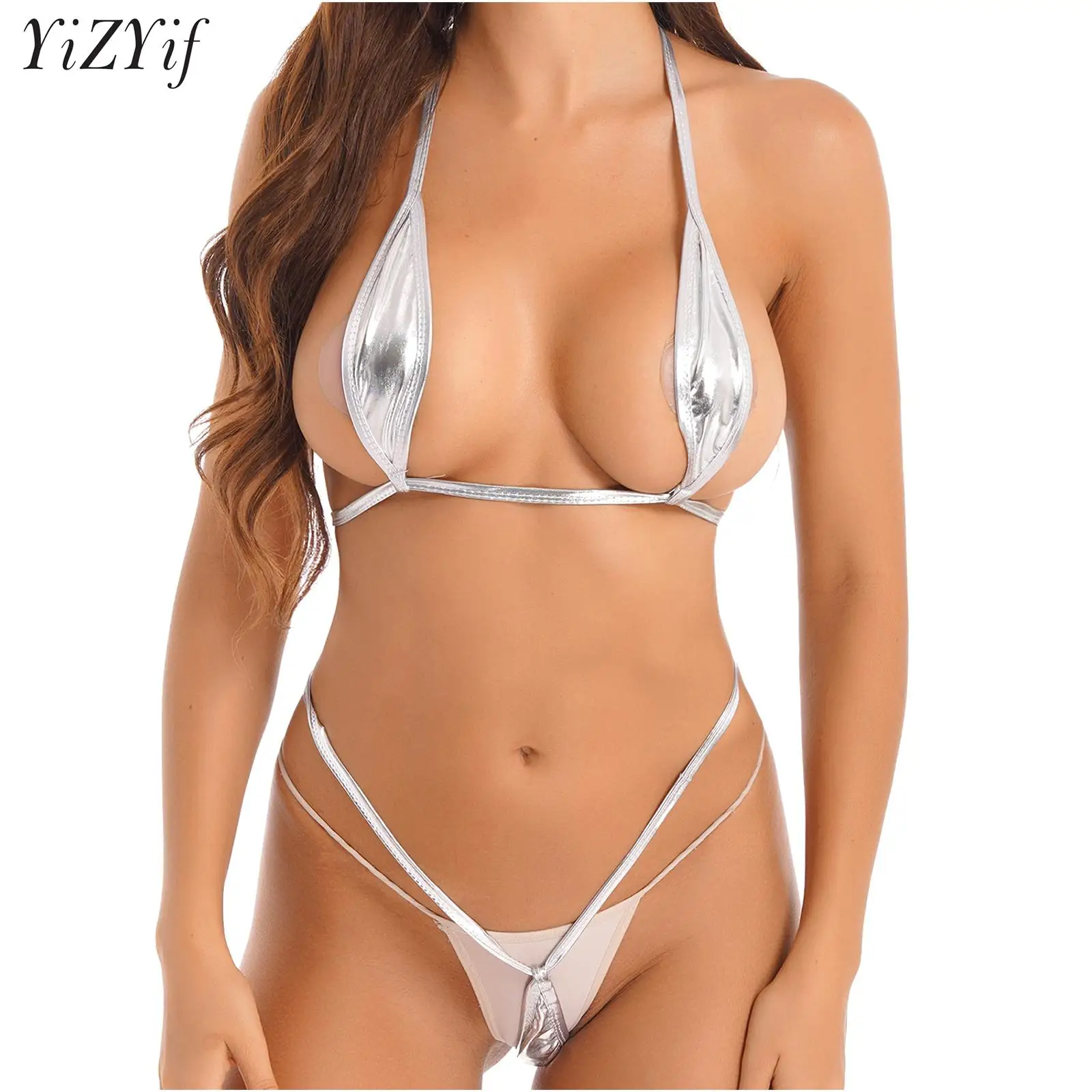 

Women Shiny Metallic Micro Bikini Set 2Pcs Beach Swimsuit Sexy Brazilian Swimwear Halter Lace-Up Bra T-Back Thongs Bathing Suit