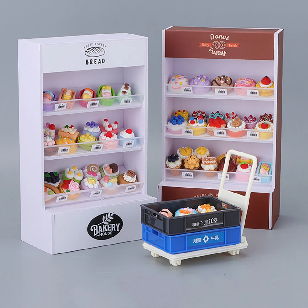 

Miniature Shop Store Cake Bread Dessert Cabinet Cart Trolley Shelf Handcraft Dollhouse Stand Selection Food Acrylic Display Show