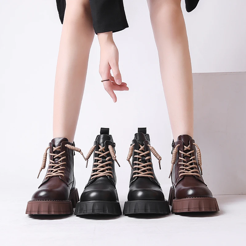 

New In Punk Women Platform Ankle Boots Chunky Sole Artificial Leather Bootins Ladies Lace-up Brand Design Botas De Mujer
