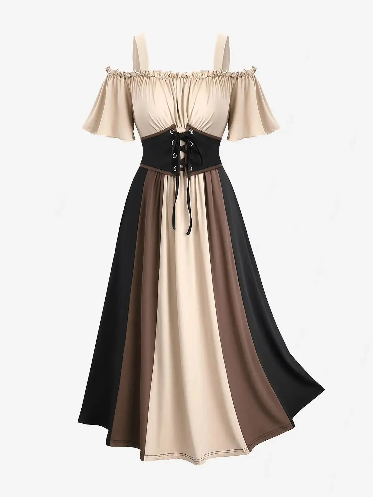 ROSEGAL Plus Size Women's Dress New Cold Shoulder Ruched Ruffles Colorblock Patchwork Lace Up Belted Vintage Corset Dresses Robe