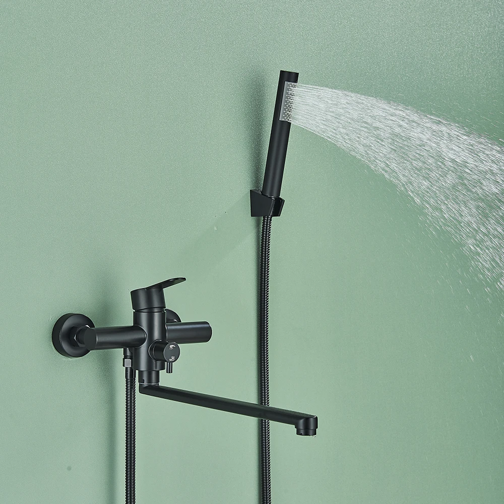 Matte Black Bathtub Faucet Long Spout Rotation Wall Mount with ABS Handshower Cold Hot Water Mixer Bathroom Shower Faucet 3