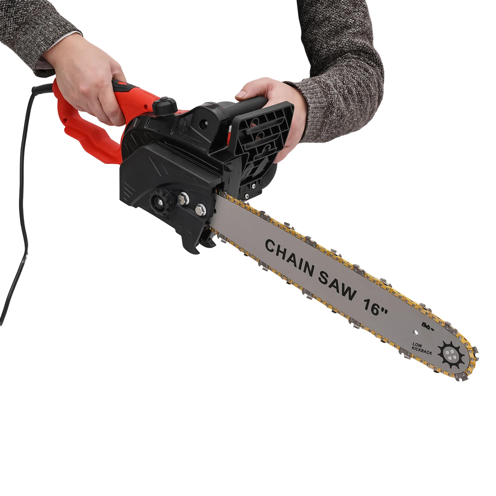2000 W 16-Zoll-Elektrokettensäge (Modell 7018) Rot, EU 220 V, komplett aus Kupfer gefertigter Motor, werkzeuglose Ketteneinstellung, 650 m/min – Detail 7