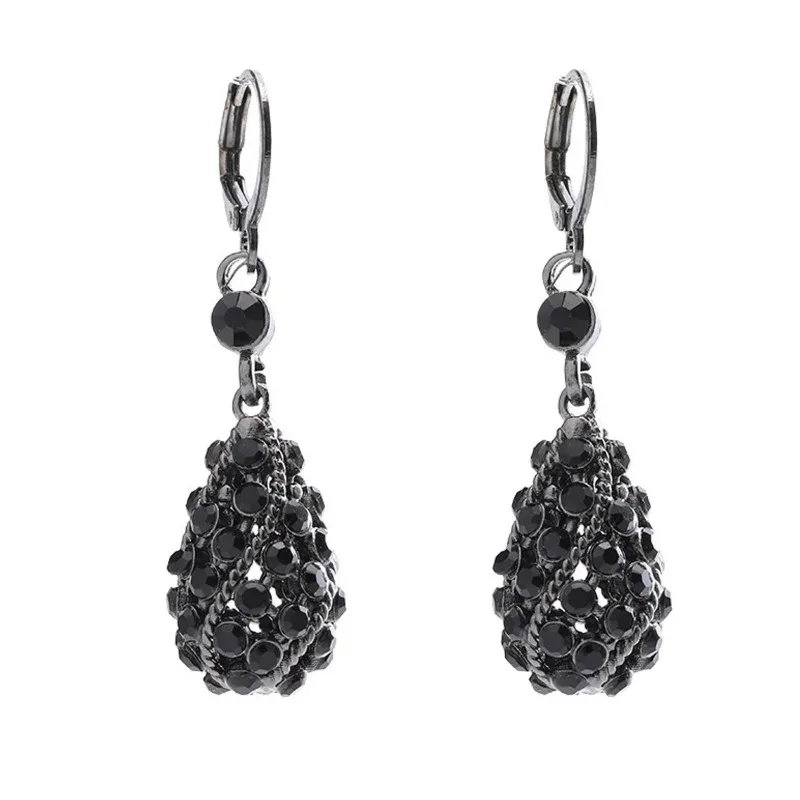 Light Luxury Black Crystal Drop-Shaped Pendant Earrings for Women