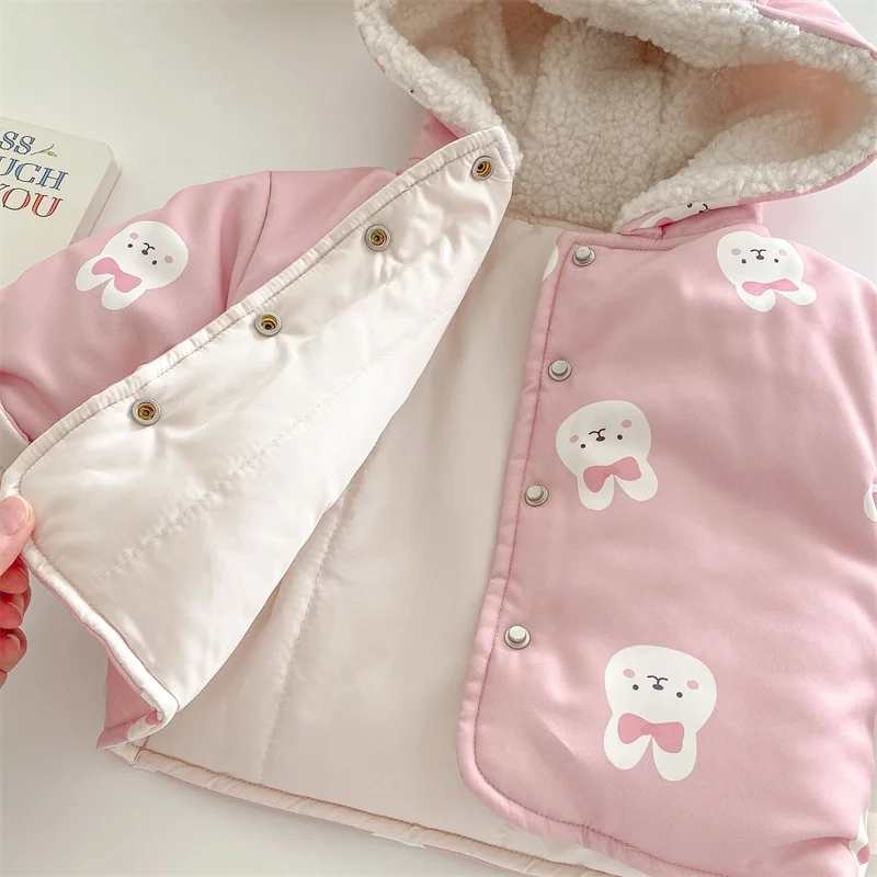 Children's Winter Coat Pink Bow New Hooded and Velvet Warm Thick Cotton Jacket Kids Outerwear Hoody for Girl