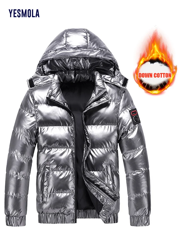 

Glossy Black Mens Coats Harajuku Cotton Padded Hooded Parkas Fashion New Casual Thicken Warm Winter Streetwear 4XL