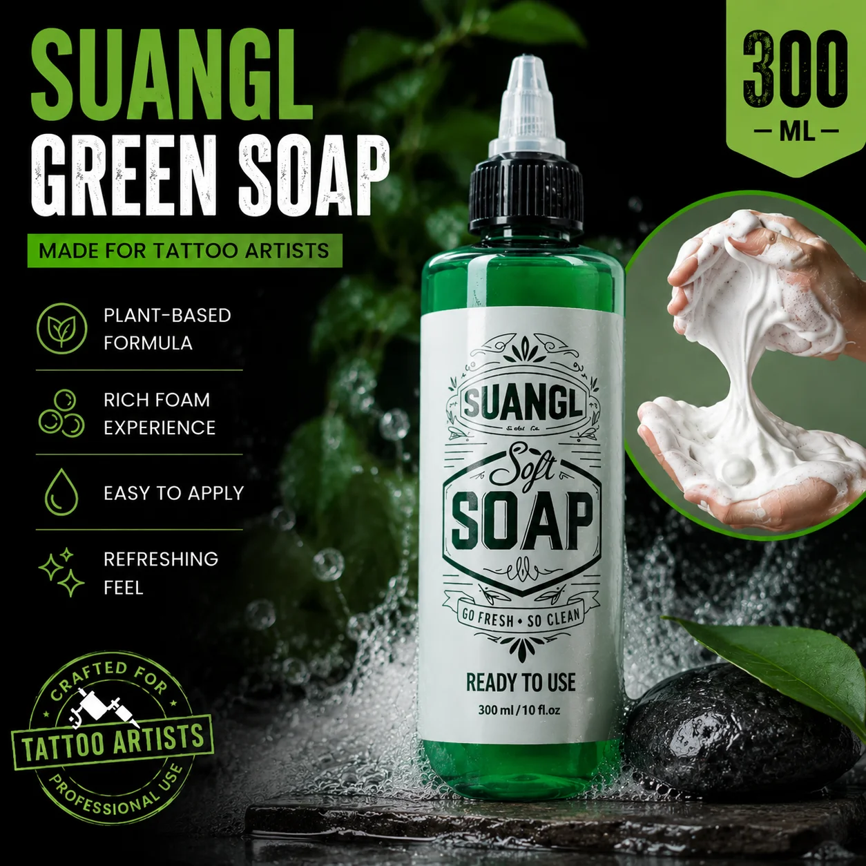 Sapone Verde per Tatuaggi 30/300ML Ultra Concentrato, Forniture Professionali per Tatuaggi, per Cura Post-Tatuaggio e Pulizia Piercing - immagine 6