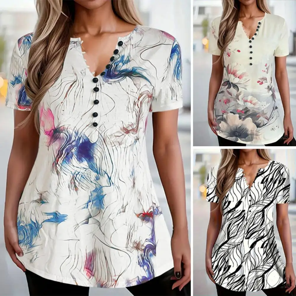 

Женская футболка с цветочным принтом и V-образным вырезом, стильная уличная одежда для женщин, пуловер с коротким рукавом, свободные футболки, свободная футболка с принтом