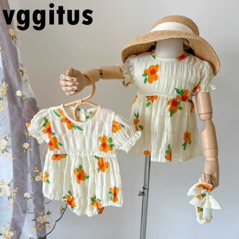 

Korean Style New summer Family Matching Clothes Girl Flower Short Sleeve Romper +headband Cotton Dress Sisters Look E5048