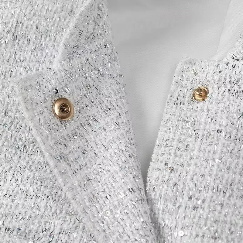 S03541902725d42beb943443afbfa042dz Women's Sequined Bomber Jacket Fall New Round Neck Long Sleeve Pocket Stretch Hem Sequins Jacket Coat Female Chic Outerwear Mallzona