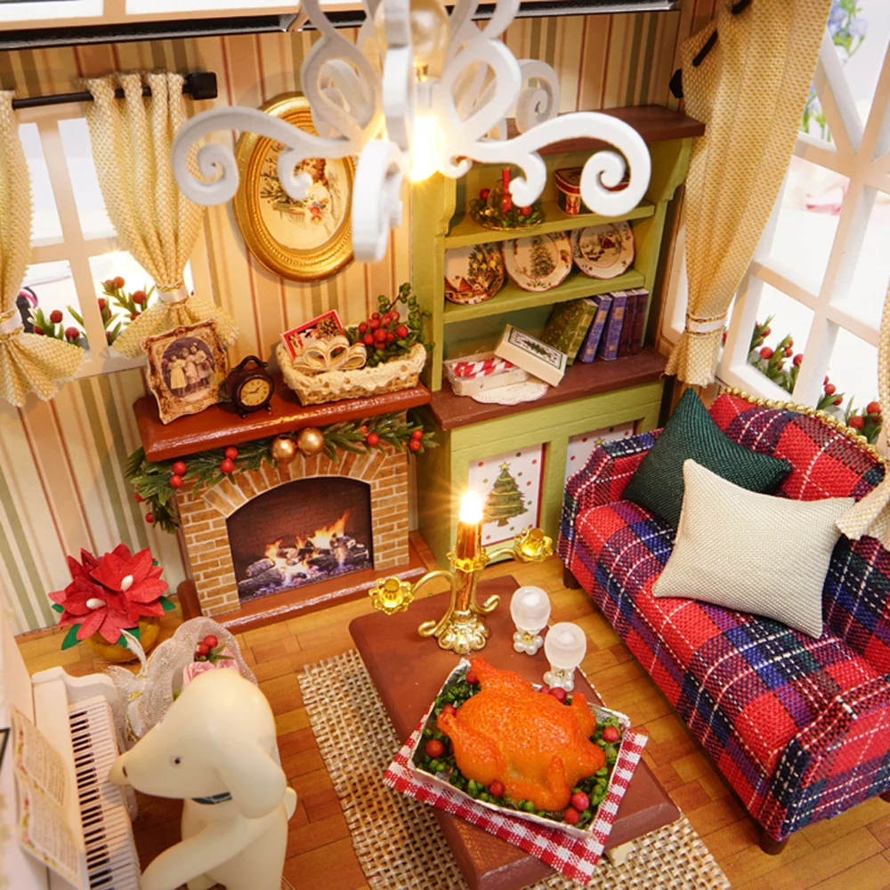 DIY Christmas Miniature Dollhouse Kit Realistic Mini 3D Wooden House Room Craft with Furniture LED Lights Children's Day Birthda
