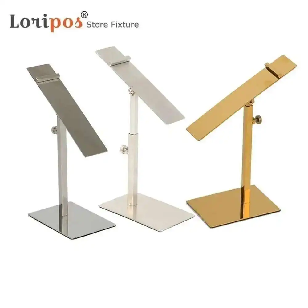 Silvery Gold Shoes Holder Display Riser Rack Adjustable Height And Head Tray Angle Store Desk Table Floor Shoe Display Props