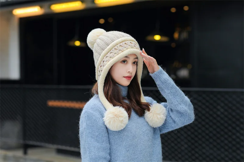 Neue Gestrickte Hut Dicke Warme Earflap Hüte Schal 2Pcs Set Fleece Gefüttert Ball Bommel Skullies Beanies Frauen Winter kaninchen Fell_voghion.com