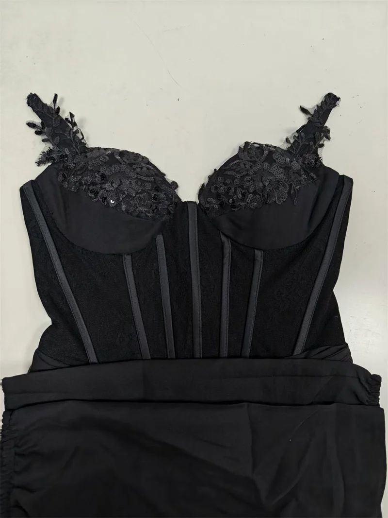 Strapless Backless Lace Split Black Mesh Maxi Long Bodycon Dress Elegant Cocktail Party Evening Gowns Vestido