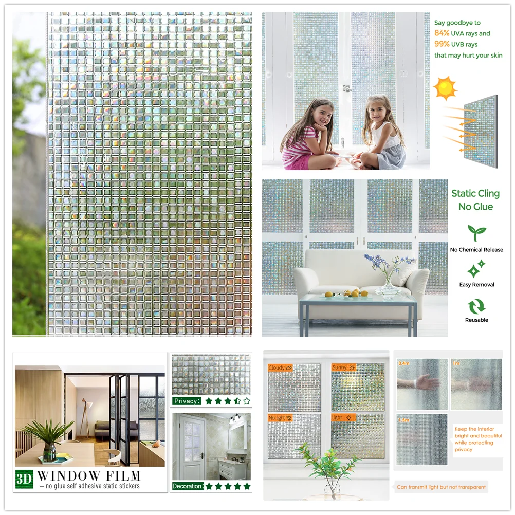 Window Privacy Film Stained Glass Film Static Cling Decorative Vinyl Removable Window Tint UV Blocking Stickers Home Office window film window privacy film window sticker