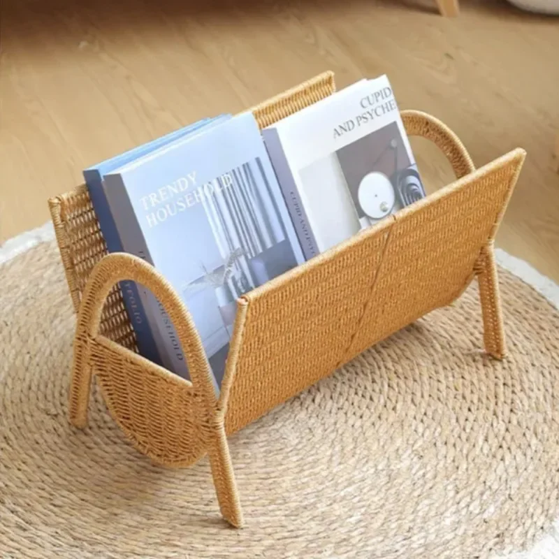 Kens Hand Woven Vertical Magazine Living Room Floor To Ceiling Small Bookshelf, Imitation Rattan Light Luxury Book, Storage