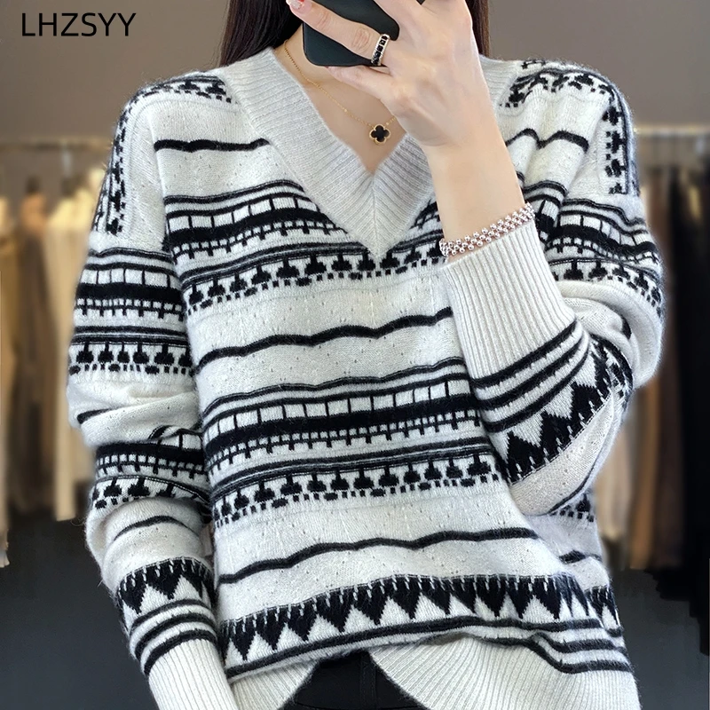 

LHZSYY Autumn New Cashmere Sweaters Women's V-Neck Knit Pullovers Large Size Jacket Match Color Korean Tops Warm Pure Wool Shirt