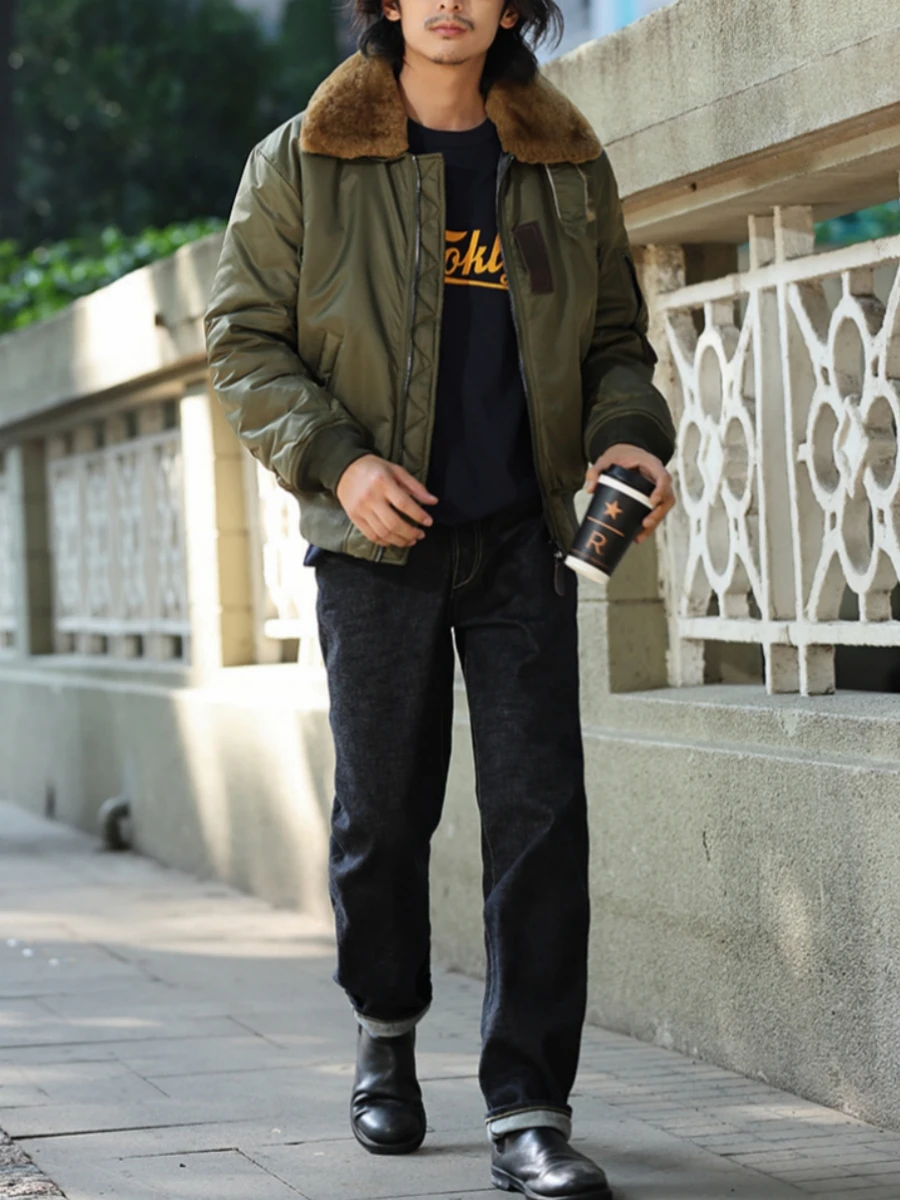 B-15 Bomber Jacket for Men Detachable Wool Collar Oversize