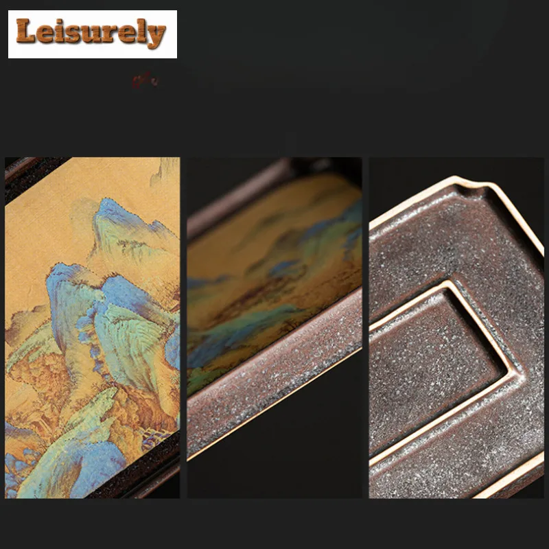 Chinese Landscape Rectangle Tea Tray Cake Rack Coffee Storage Board Teapot Base Dishes for Serving Chinese Tea Set Accessories