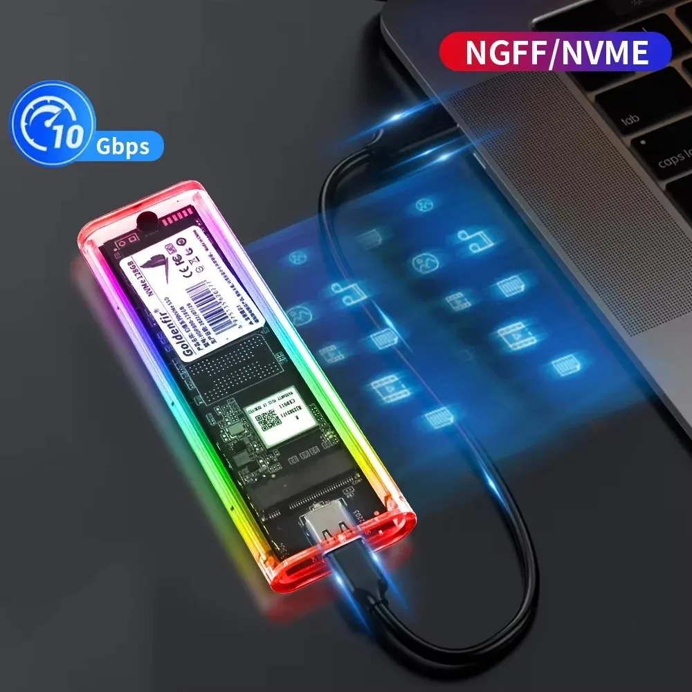 External Hard Drive Case SSD Enclosure Hard Drive Enclosure Hard Disk Case External Hard Drive Box HDD Case Enclosure RGB M.2 NVMe SATA SSD Enclosure 10gbps USB3.1 Gen2 Transparent Hard Drive Box for M/B Key SSD 2230 2242 2260 2280 for PC