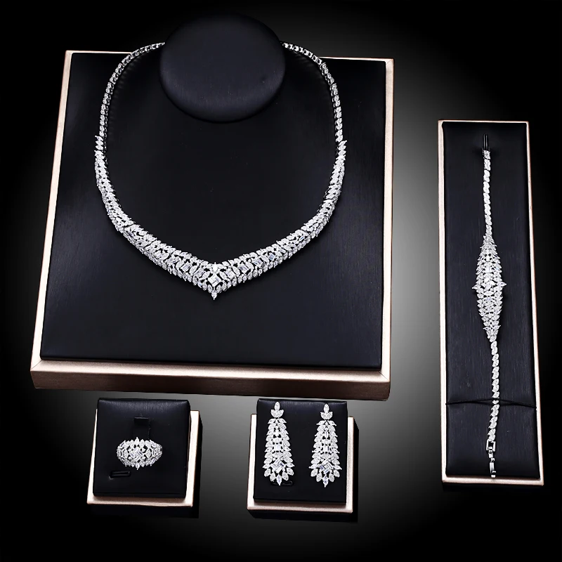 

Turkey 4 Piece Fashion Bridal Wedding Jewelry Set CZ Pendant Bracelet Ring Earrings For Women Elegant Styling Jewelry Designs