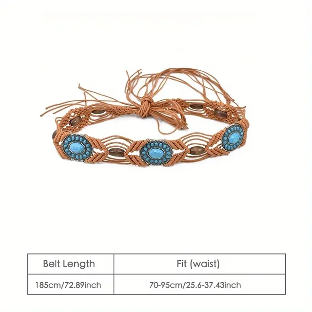 ターコイズ編組ウエストベルト2点ボヘミアンスタイルの織ベルトとターコイズジュエリーウエスタンビーズダングルイヤリング女性用, ポリマー繊維合金ターコイ : [tegongse] ボヘミアンコルセットベルト女性用