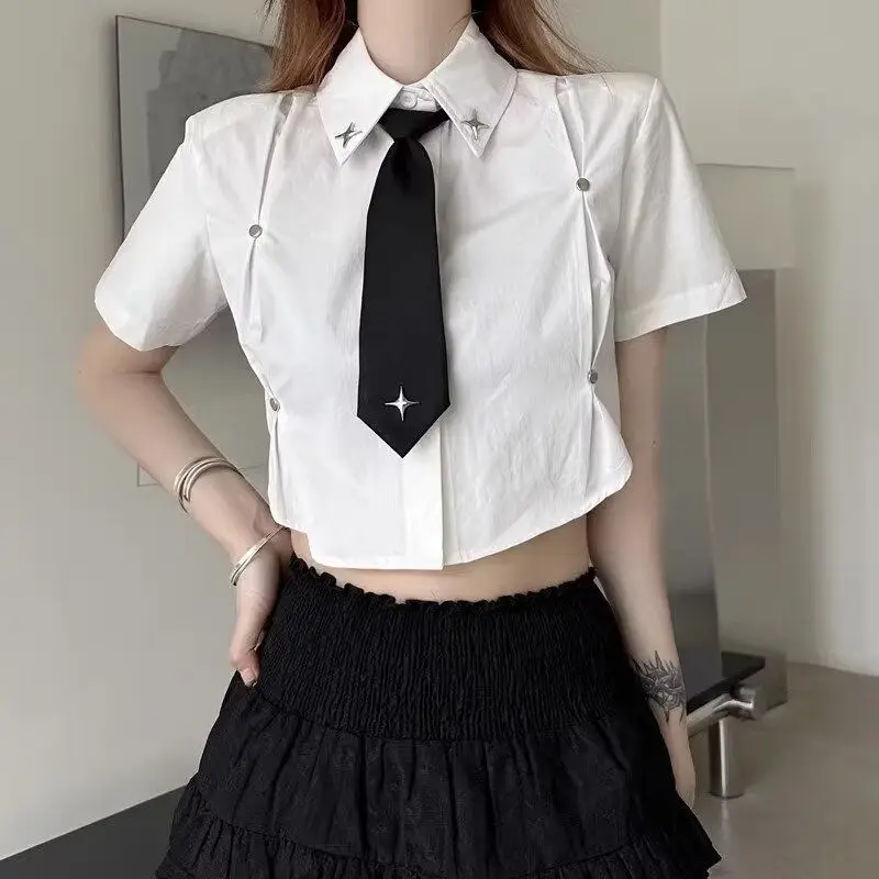 

HOUZHOU Harajuku Cropped Shirts Women Kpop Korean Fashion Y2k Short Sleeve Blouses Vintage with Tie Summer Aesthetic Clothes