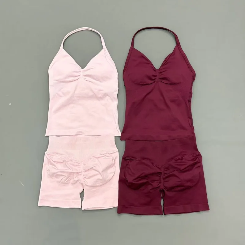 2Pcs HISTELLO Yoga Set Women Halter Tank Top Scrunch Butt Lifting Shorts Ruched Anti Chafe Quick Dry Gym Workout Sports Set
