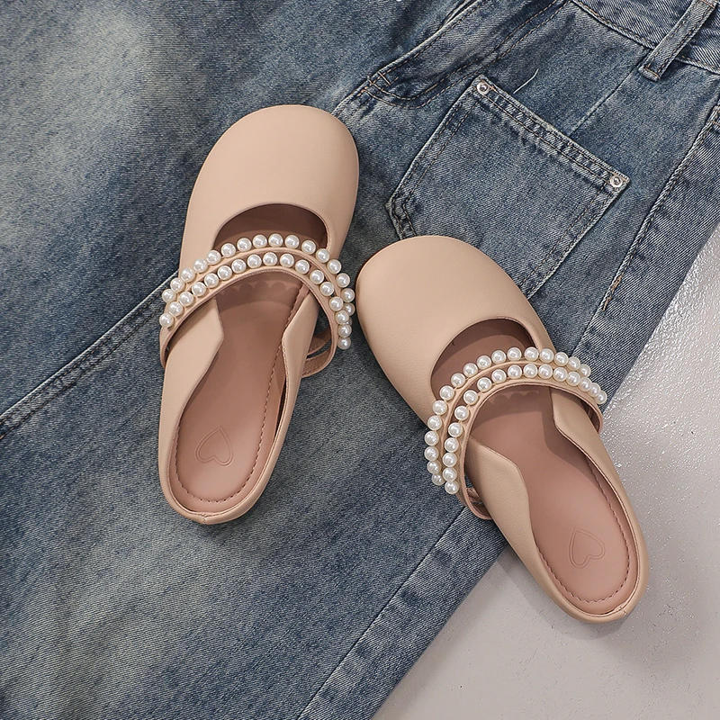 

2024 New Coarse Heel Small Leather Shoes Summer Fairy Shallow Mouth Single Shoes with One Word Pearl Large Women's Shoes