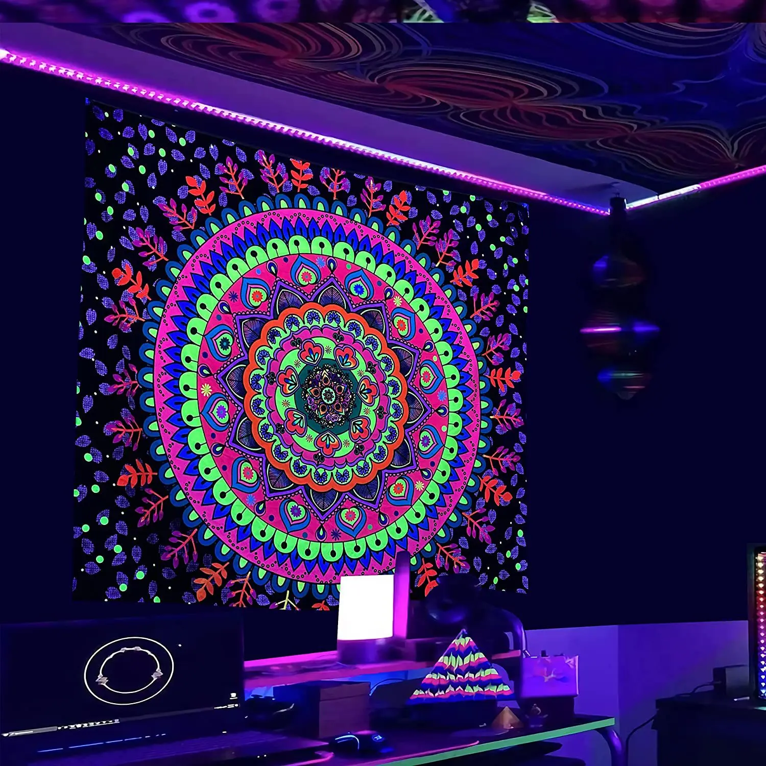 Psychedelic Black Light Indie Mandala Tapestry Wall Hanging