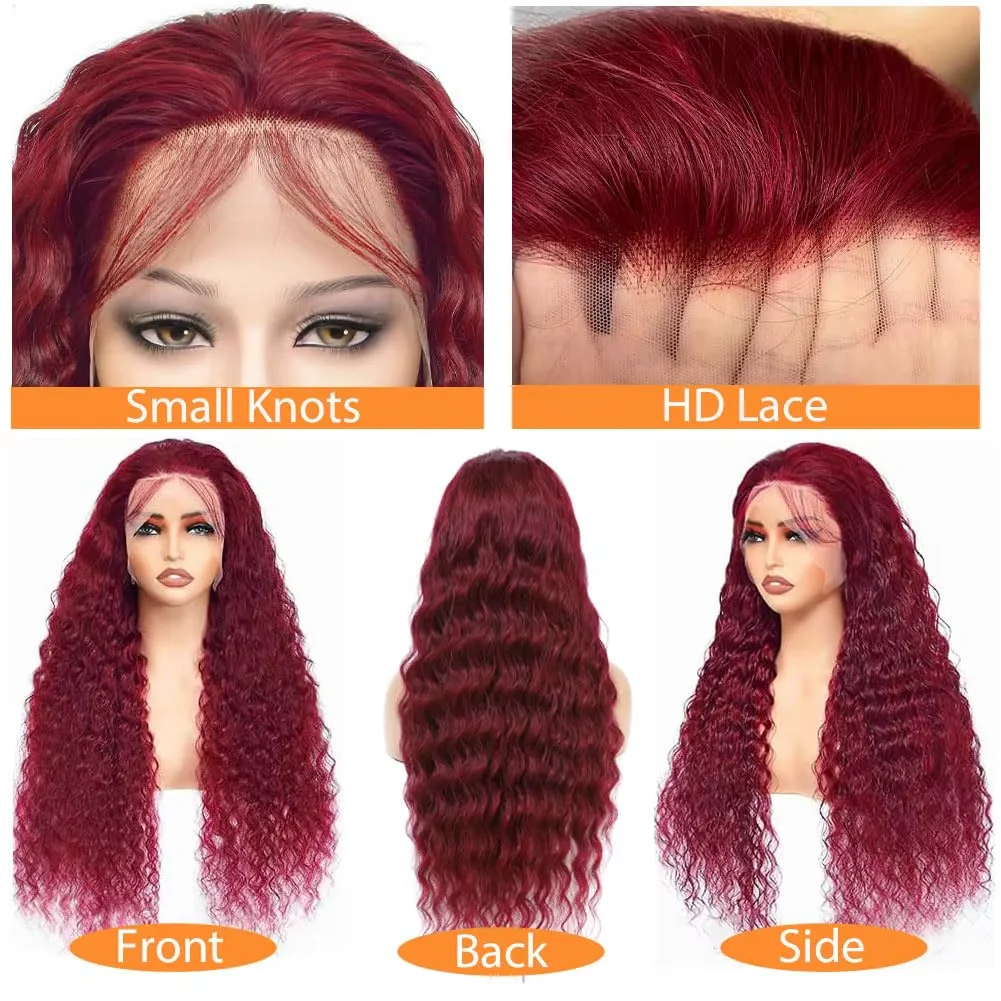 100% Human Hair 13x6 Deep Wave Lace Front Wigs Human Hair for Women 99J Burgundy Lace Front Wigs Human Hair Red Wig 200 Density 3