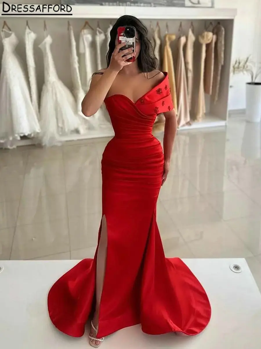 

Красные вечерние платья с одним открытым плечом Дубаи Русалка 3D цветы плиссированные арабские вечерние платья