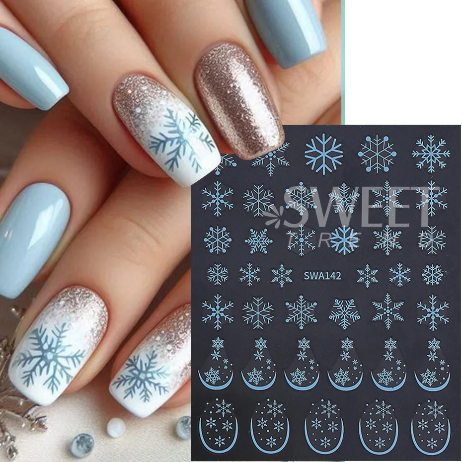 3pcs Christmas Nail Art Stickers White Gold Blue Snowflake French Line Design Decals DIY Self-Adhesive New Year Manicure Decor
