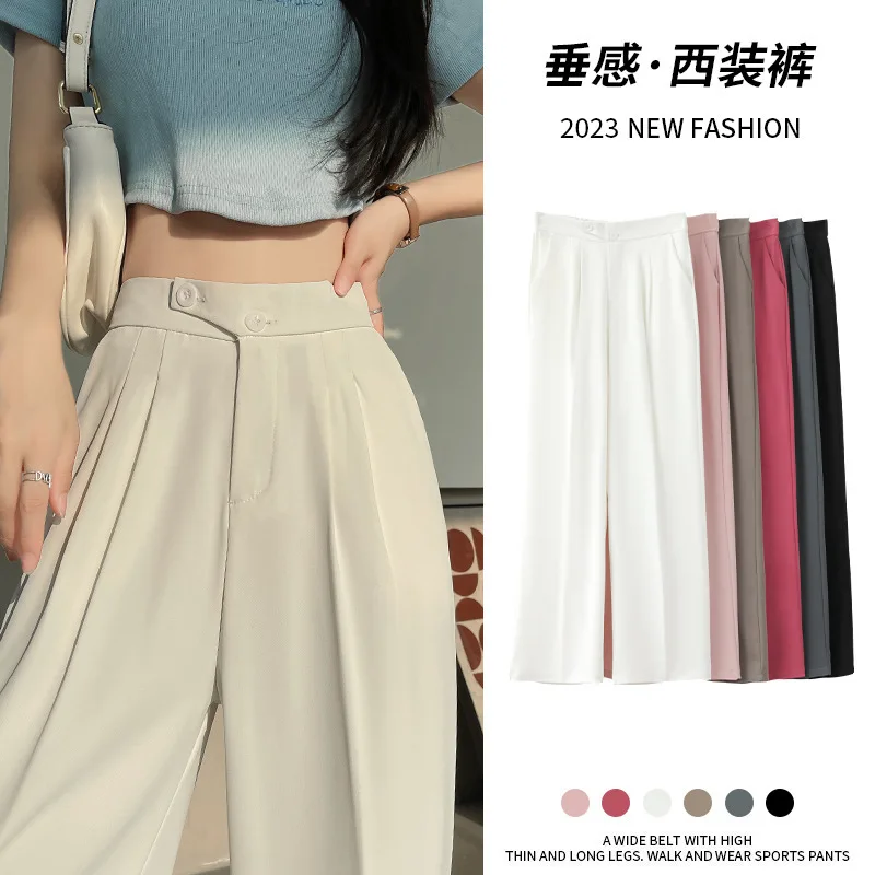 Wide Office Trousers for Women High Waist White Straight Stacked Pants with Pockets Double-button Classic Women's Trousers