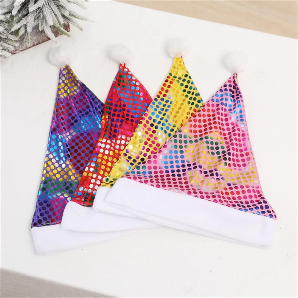 Colorful Sequins Christmas Hats Adult Kid Shiny Santa Claus Hat Fluffy Pompom Xmas Hat Home Holiday Party Decoration New