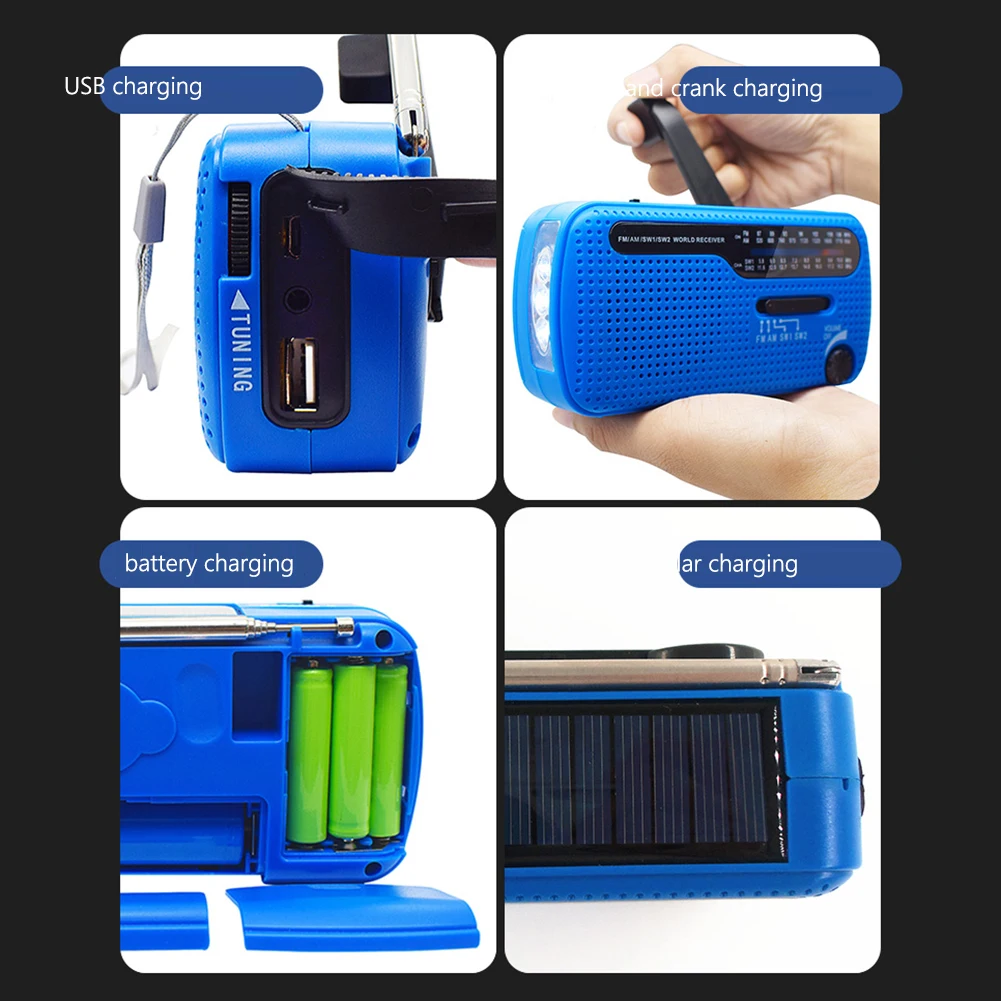 Solar Hand Crank Radio Dynamo Powered Multi-Band AM/FM/SW 1200mAh USB Portable Outdoor Emergency Radio with LED Flashlight