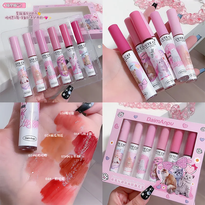 

Kawaii Cute Cat Shiny Lip Gloss Set 6 Colors In 1 Non-Sticky Moisturizing Lip Gloss Long-Lasting High Shine Lip Tint