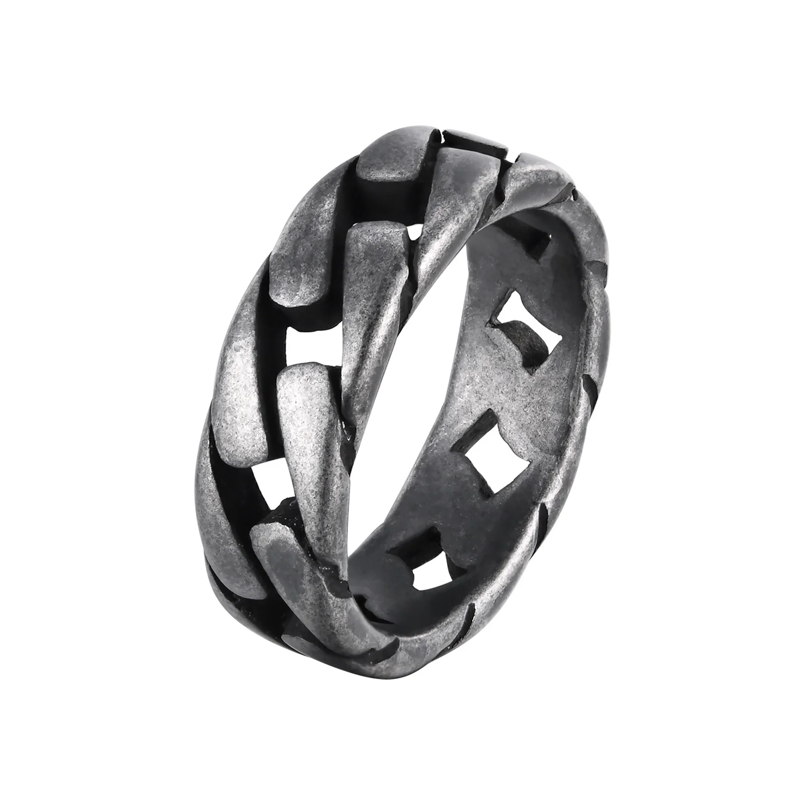 Vintage-Inspired Retro Grey Stainless Steel Men's Ring with Hollow Curb Link Chain Design, 7MM Band