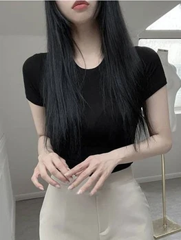 المرأة الأساسية الصلبة انظر من خلال تي شيرت ، القطن ، قصيرة الأكمام ، ضئيلة ، س الرقبة ، الكورية ، الملابس المرنة ، تي شيرت ، قمة الصيف 6