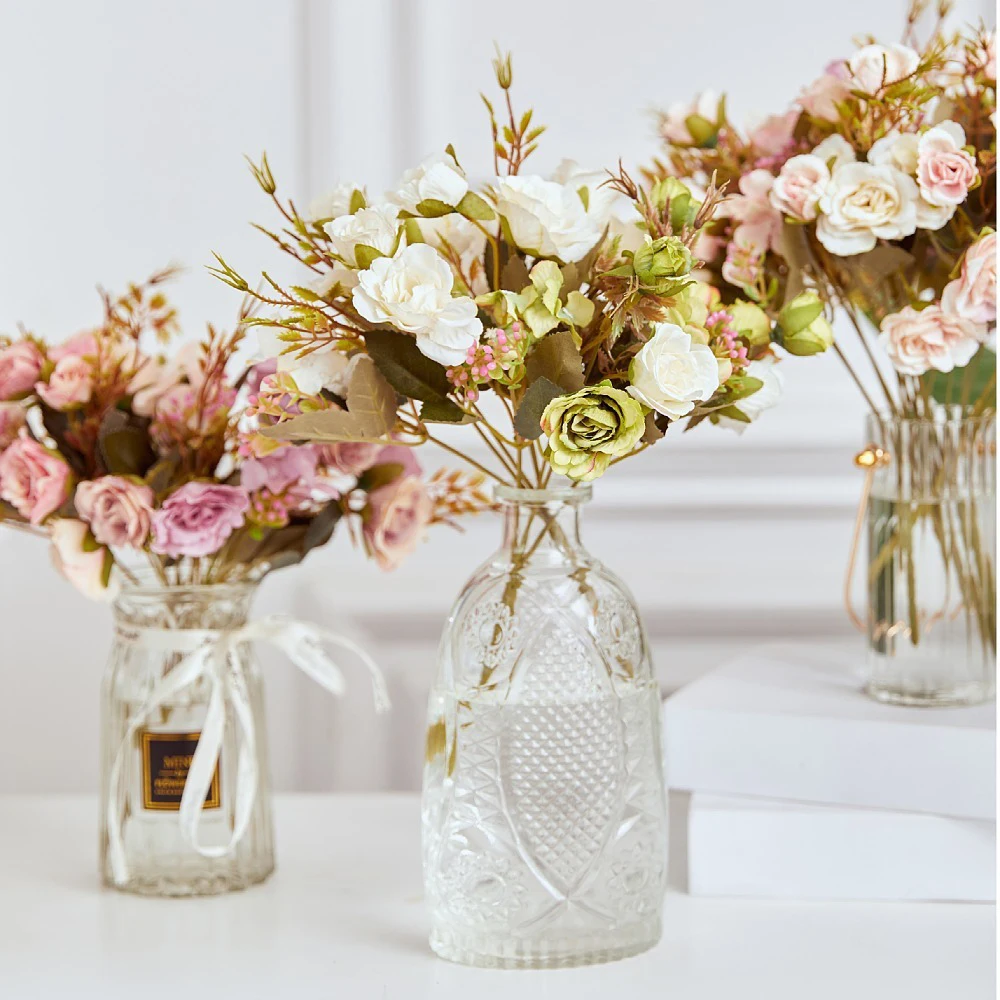 30cm Pink Rose Bouquet Wedding Artificial Flowers Retro Silk Flowers 10 Heads Peony Vintage Bride Flowers for Cemetery Wedding