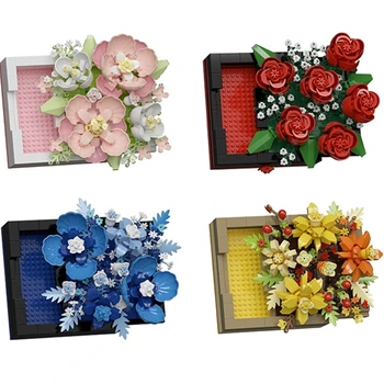 DIY 3D Famous Rose Hibiscus Eternal Immortal Flowers Painting Frame Art Easel Exhibition Building Blocks Model Bricks Sets Toy