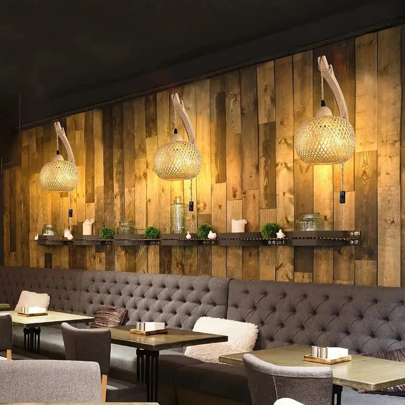 EU Plug-in Vintage Bamboo Woven Bedside Wall Lights Dining Room Ceiling Hanging Lamps Bedroom Farmhouse Rural Indoor Decor