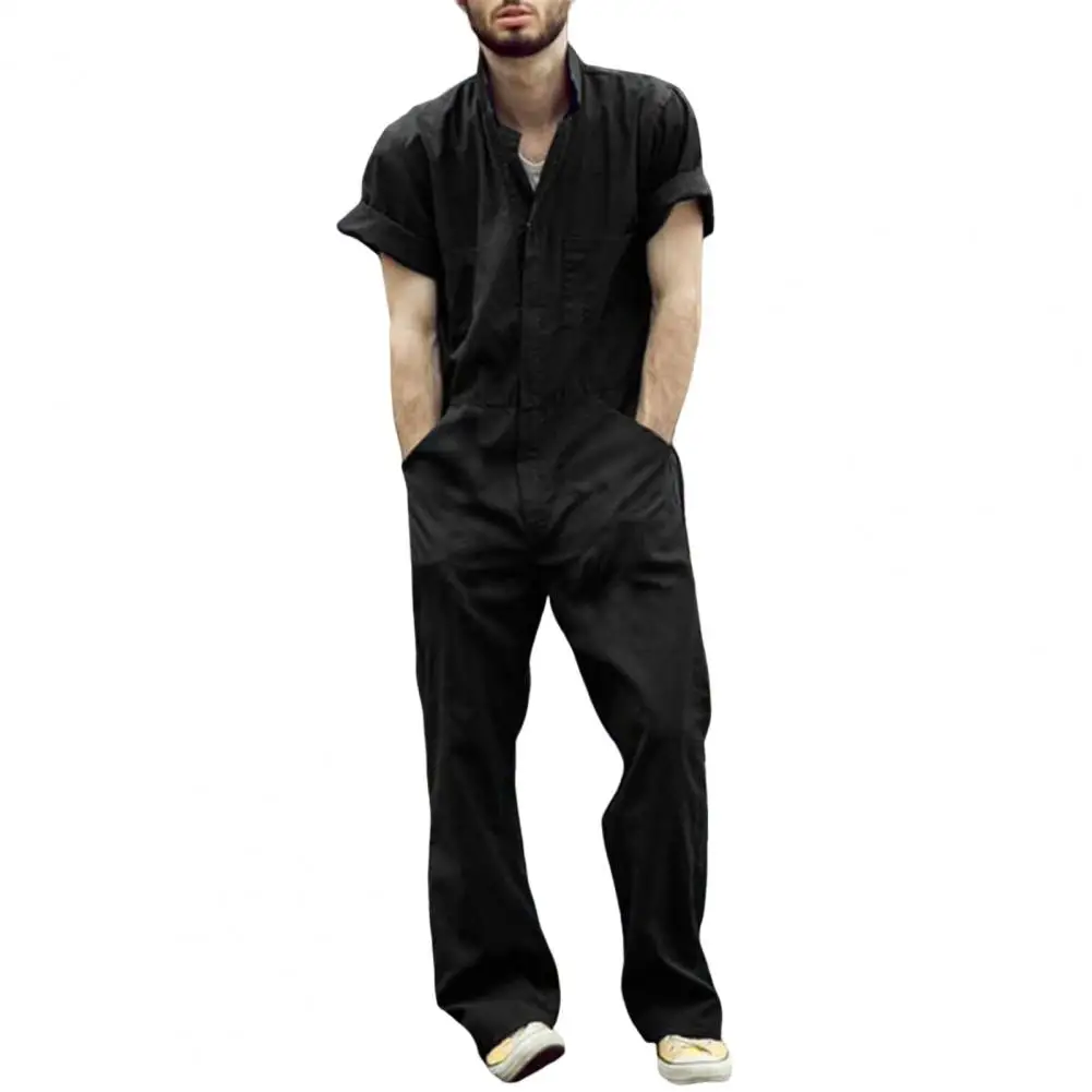 Popular Long Pants Solid Color Short Sleeve Men Cargo Pants Casual Jumpsuit  Loose Casual Pants for Male pu faux leather jumpsuit women long sleeve front zipper turn down collar bodycon rompers midnight party one piece overalls belt