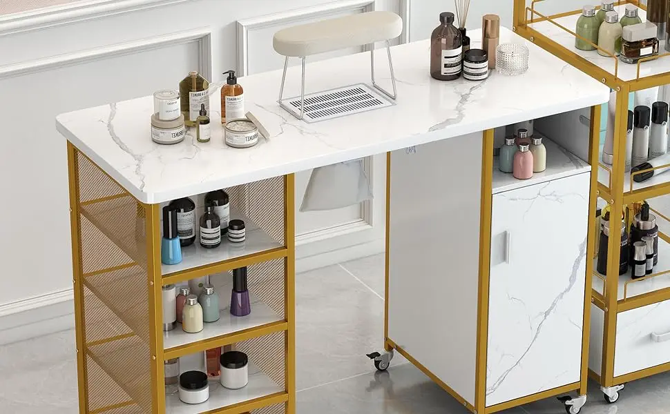 Manicure Table with Marbling Texture Tabletop, Electric Downdraft Vent and Wrist Cushion