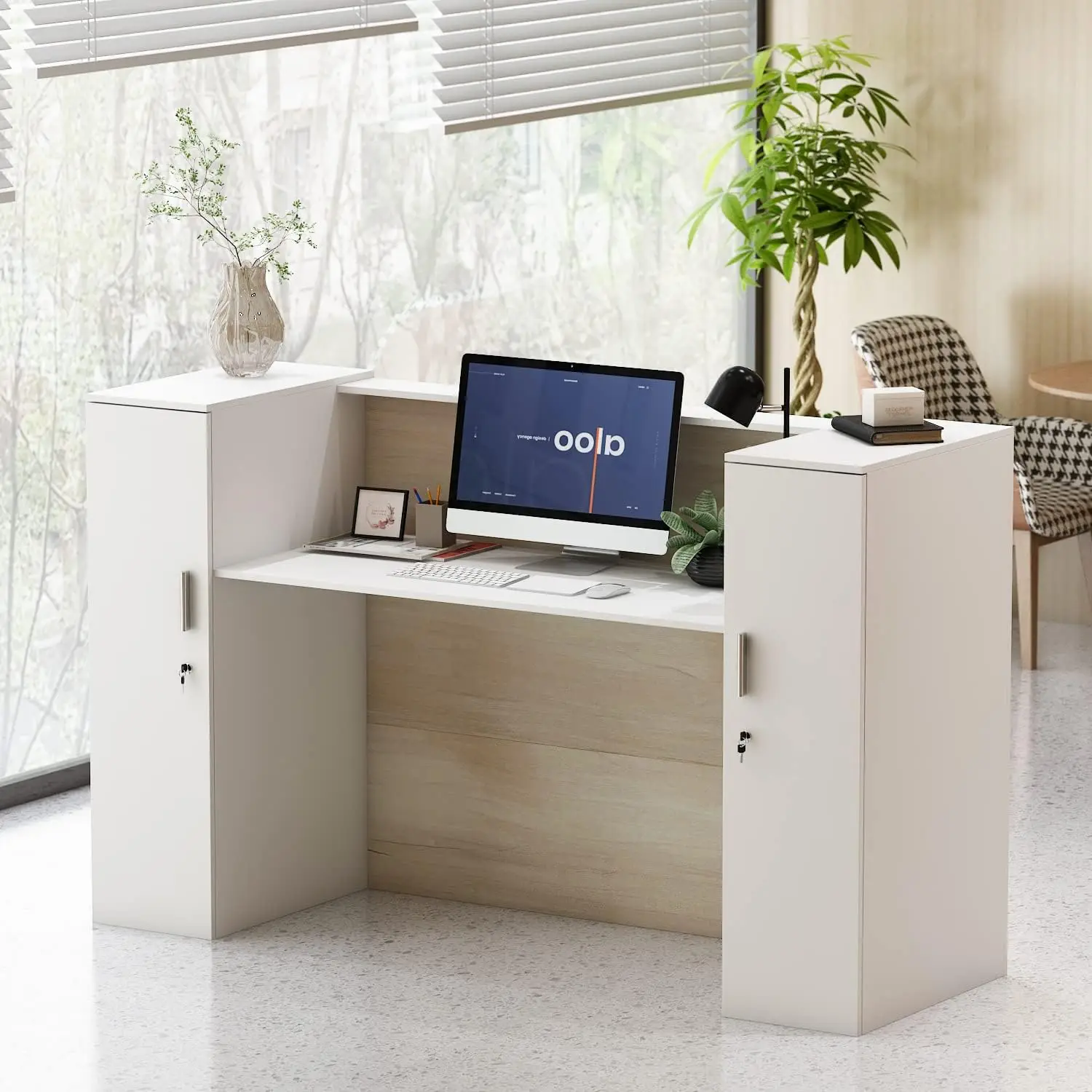 Aiegle Large Reception Desk With Counter, Retail Counter With Private Lockable Storage & Adjustable Shelves, For Salon