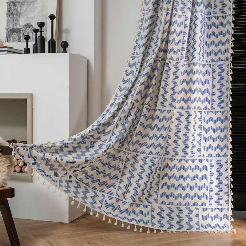 

American Style Cotton Linen Blue Ripple Printing Tassels Window Curtain Blackout Valance Bedroom Living Room Semi-shading Drape